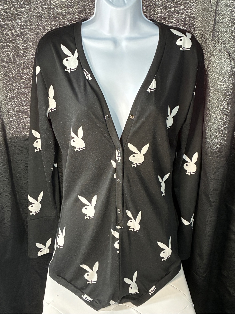 PLAYBOY Black Bunny-Print Button Front Sleep/Lounge Romper with White Logos